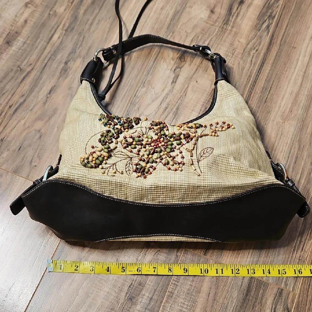 Worthington Vintage Wood Beaded Embroidered Floral Beige Hobo Handbag